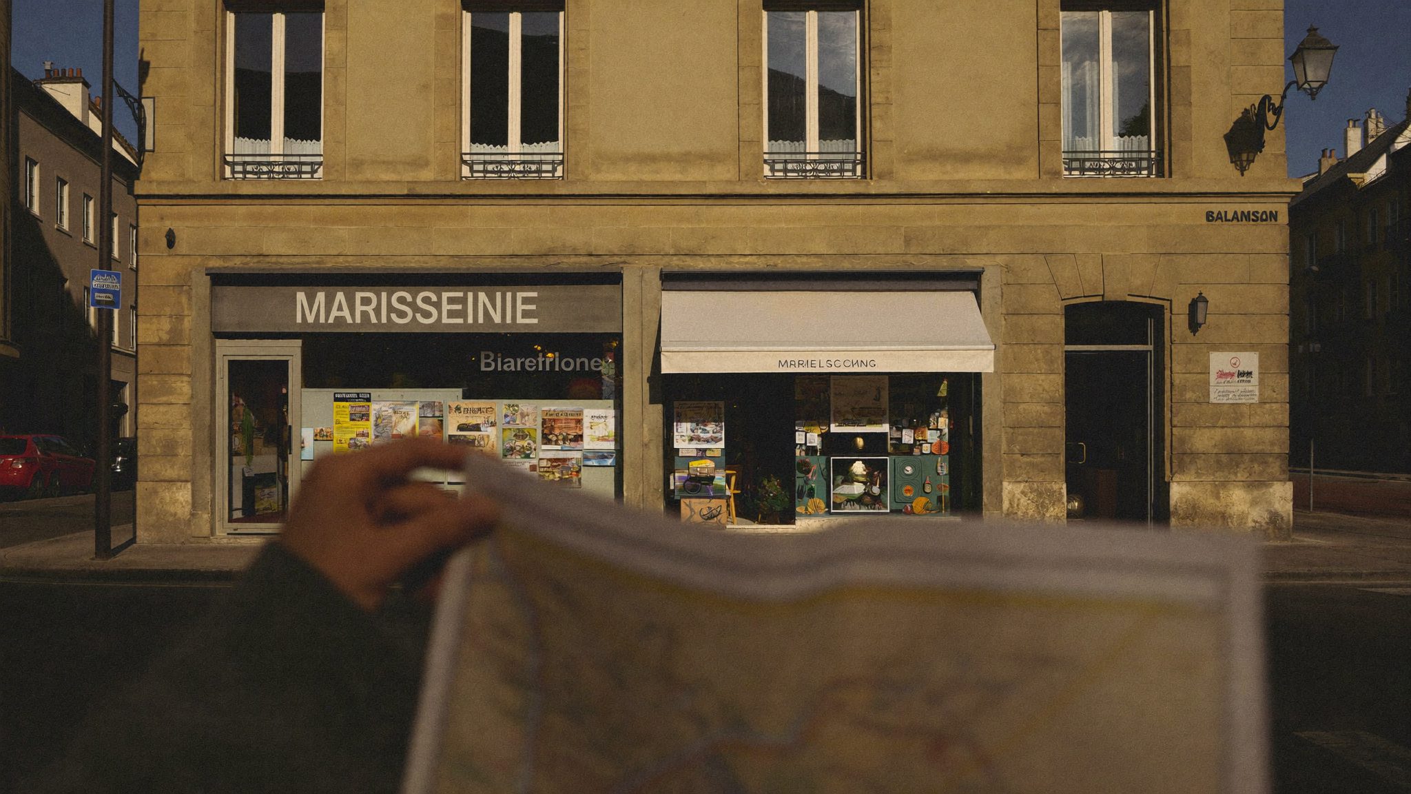 Voyageuse sur un marché au petit matin, lumière douce, tons olive et sable